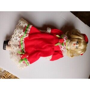 Porcelain Holiday Doll with Red Bow and Lace Approx 8" Blonde Hair and Blue Eyes